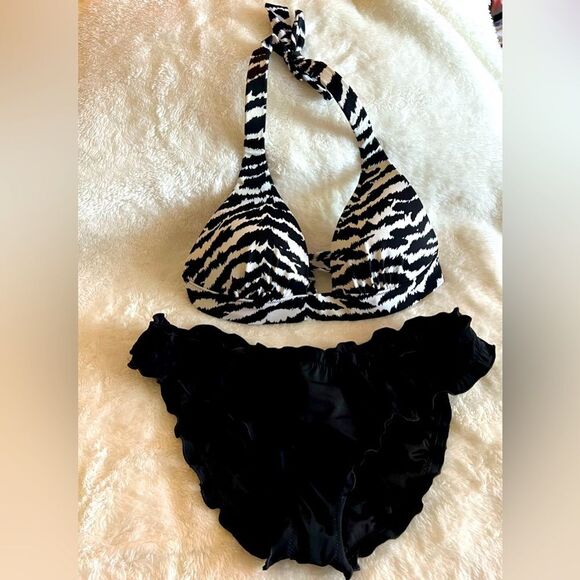 Victoria Secrets Zebra Print Bikini Top S Ruched Black Bottom M - Picture 1 of 8